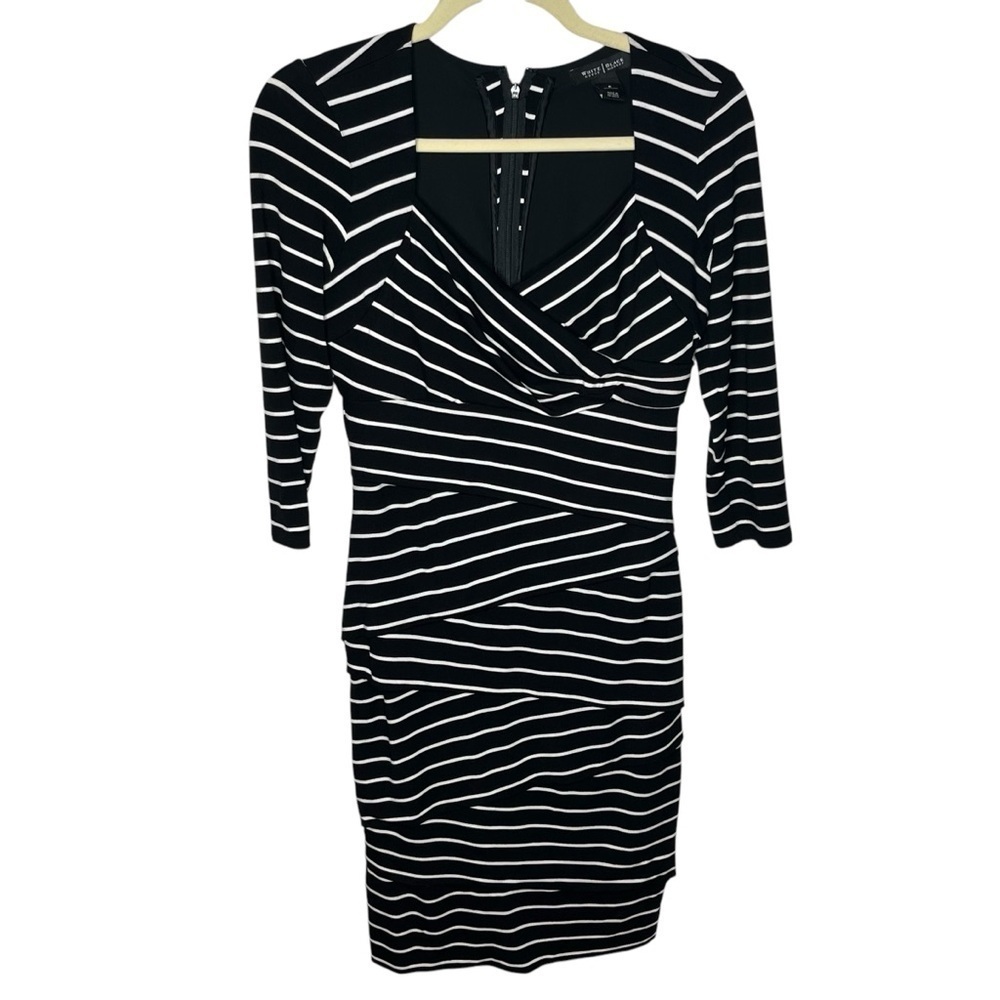 WHBM Sheath Dress Black/Ecru Stripe, Sweetheart Neck, Size 6 - Picture 2 of 4